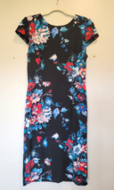 Betsey Johnson Black Floral Knee Length Fitted Dress Cap Sleeves Office Size 14 - £17.42 GBP