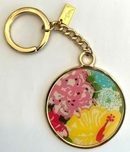 Lilly Pulitzer Pink Green Yellow Sunny Side Circular Gold Tone Key Ring ... - $17.81