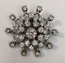 Vintage Prong Set Brooch Pin Sparkling White / Clear Rhinestone Silver Tone - £15.44 GBP