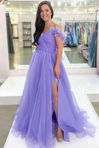 Off the Shoulder Tulle Long Prom Dress with Slit, Lilac Formal Evening Dresses - $178.00