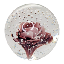 Round Clear Bubble Glass w/ Purple Pink Rose Paperweight 3.5&quot; - $14.84
