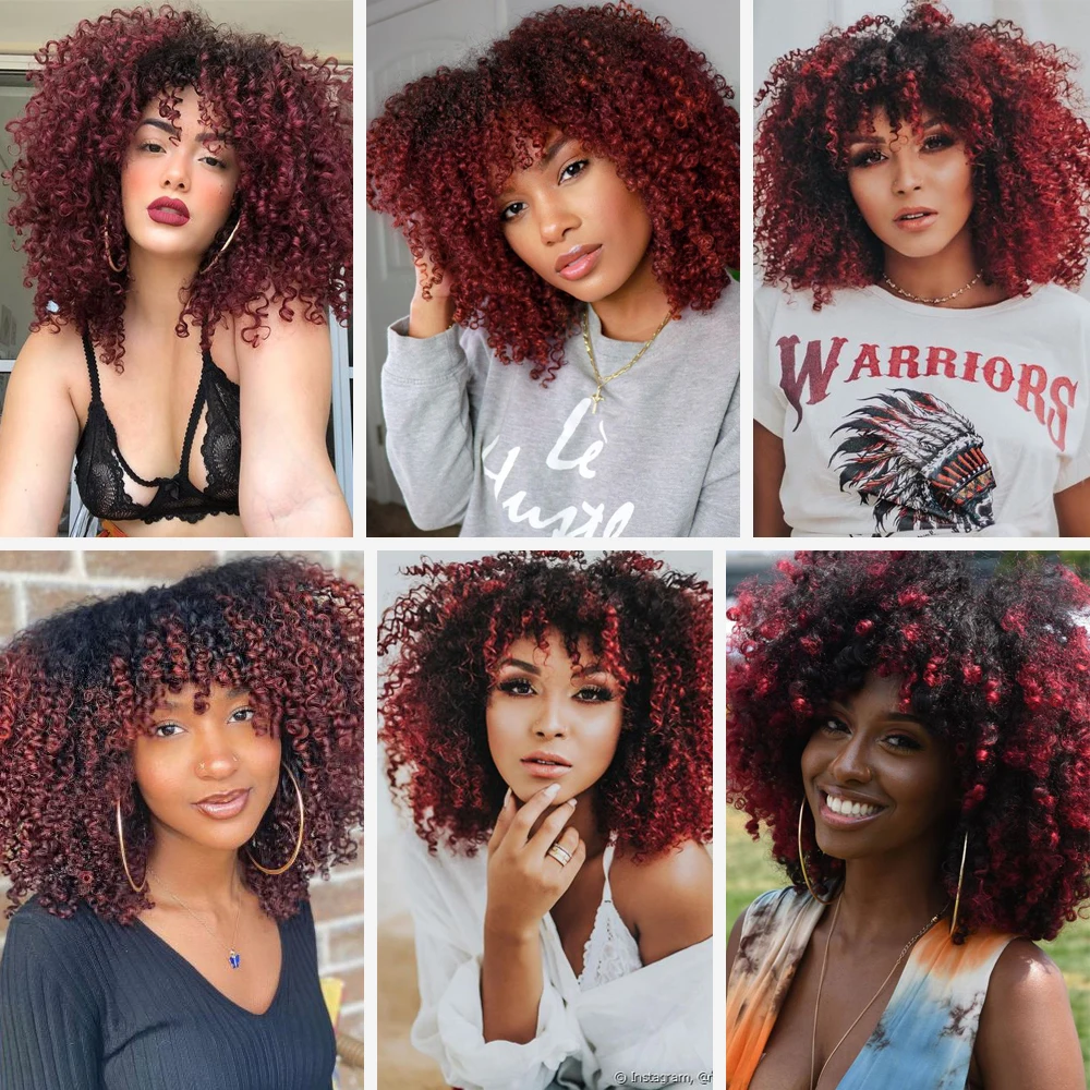 Play LINGHANG Short Hair Afro Kinky Curly Wigs With Bangs For Black Women Africa - £37.92 GBP