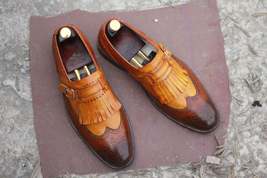 Handmade Men Two Tone Brown Leather Wing Tip Brogue Shoes, Men Fringes Monk Shoe - £116.53 GBP