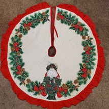 Vintage Tree Skirt Quilted Holly Acorns Cardinals 40 Inch w/ Red Ruffle - $36.47