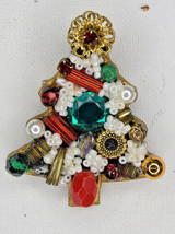 Vintage Handmade Wood, Beads And Rhinestone Christmas Tree Pin Costume Jewelry - £8.73 GBP