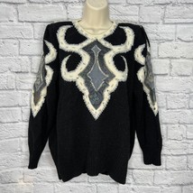 Vintage 80s Beaded Sweater White Black Size L Wool Blend Long Sleeve Hol... - $44.50