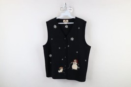 Vintage 90s Woolrich Womens Large Christmas Snowman Dog Knit Sweater Vest Black - $54.40