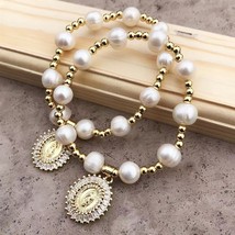 5Pcs fashion style freshwater pearls stretch cz the Virgin Mary gold pla... - $47.66