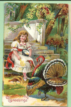 Thanksgiving Greetings Girl Turkey Saxony Postcard 1908 - £10.38 GBP