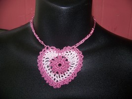 Valentine Heart Hand Crocheted Neclace Pendant Pink  - $22.50