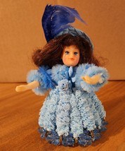Vintage Safety Pin Doll-Blue Ribbon  Beaded Dress Skirt Brown Hair Feather - £11.58 GBP