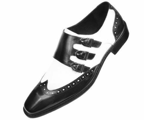 Men Triple Monk Buckle Straps Black White Wing Tip Vintage Leather Shoes US 7-16