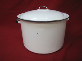 Vintage Enamel Soup Pot White &amp; Black Enamel Ware W/ Lid &amp; Handles Farmh... - $29.69