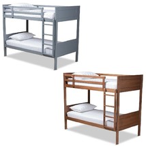 Twin Bunk Bed Wood Frame Fixed Ladder Guard Rails Walnut Brown Gray Cont... - £436.93 GBP