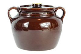 Vintage Brown Bean Pot American Pottery Stoneware Lidded Double Handle - £30.85 GBP