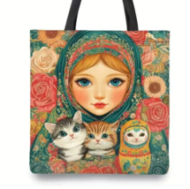 Russian Girl Cats Shoulder Bag Matryoshka Doll Print Tote Bag Folk Art G... - $353.60 MXN