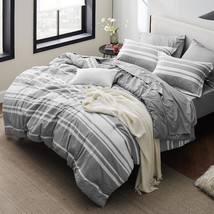 Bed In A Bag Queen 7-Piece Gray White Striped Bedding Comforter Sets Cat... - $87.39