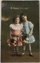 Happy Birthday Girls Darling Dresses with Flower Bouquets c1915 Postcard R2 - £5.50 GBP