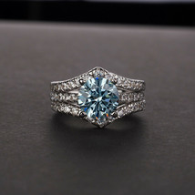 Luxurious Blue Simulated Diamond Three Rows Engagement Ring 925 Sterling Silver - £117.56 GBP