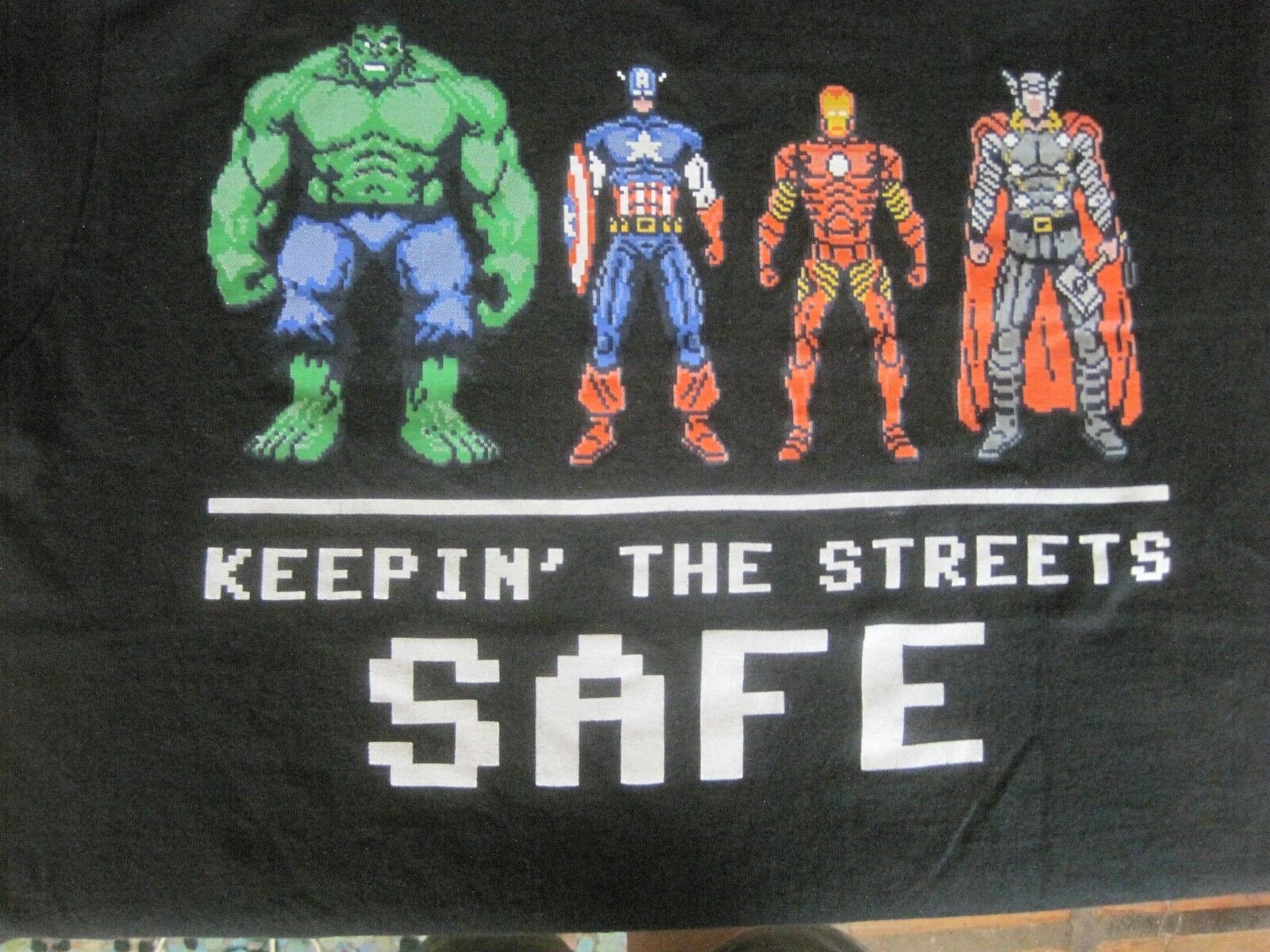 Primary image for MARVEL T Shirt sz M Super Heroes Keepin the Streets Safe Hulk Thor America EUC