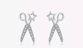 Sterling Silver 925 Cute Small Star Scissors Stud Earrings With Cubic Zirconia - £12.90 GBP