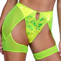 Sequin Shorts Attached Sheer Mesh Chaps Keyhole Cheeky Bikini Neon Yellow 6422 - £31.15 GBP