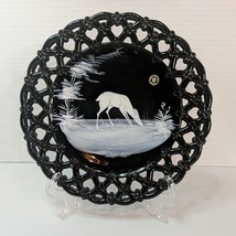 Westmoreland Black Glass Mary Gregory  Grazing Deer Hand painted Plate Dish - £22.38 GBP
