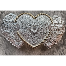 Crumrine Triple Heart Western Buckle Beautiful Engraving Silver Plate Bronze image 1