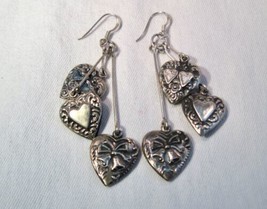 Vintage Sterling Silver Puffy Heart Dangle Earrings K1538  - £59.27 GBP