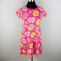 Lands&#39; End Kids Colorful Pink Floral A-Line Short Sleeve Dress Girls M 1... - $22.49