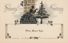 Vintage Christmas Card Old Fashioned Woman in Silhouette Tree on Table T... - $9.89