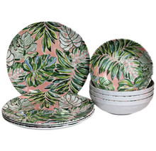 Tommy Bahama 8 Pc Set Plate Bowls Kimona Leaf Print Tropical Pink Green ... - £39.87 GBP