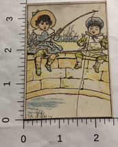 Two Kids Children Fishing Colorful Victorian Trade Card VTC 6 - £7.10 GBP