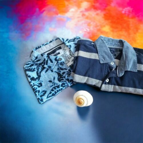 Primary image for Tommy Hilfiger Men's Custom Fit Polo Shirts~Hawaiian Print~Blue White Stripe~Med