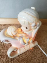 Precious Moments 1993 Porcelain Night Light, Girl In Santa's Sleigh with Doll FS - $29.69