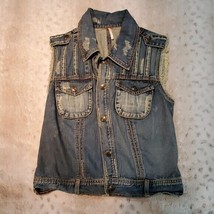 Free People Distressed Jean Crochet Vest Size S - $27.55