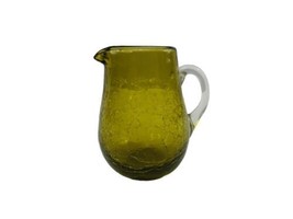 Vintage Green Crackle Glass Small Pitcher Hand Blown Applied Clear Handle  - £7.43 GBP