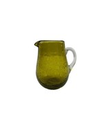 Vintage Green Crackle Glass Small Pitcher Hand Blown Applied Clear Handle  - £7.39 GBP