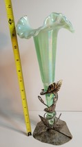 Single Horn Green Opalescent Vase Ribbed in a Metal Holder with  Leaves image 7