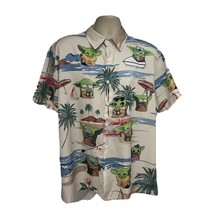 Star Wars Hawaiian Aloha Button Up Shirt XL Mandalorian Baby Yoda Grogu Stretch - £38.88 GBP