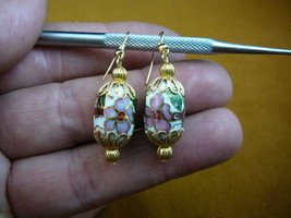 (EE603-171) White Pink Flower Cloisonne Beaded Dangle Oval Earrings Gold - £20.84 GBP