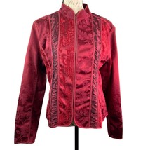 Chicos 1 Mandarin Collar Jacket Womens M Brocade Long Sleeve Hook Eye Red Pocket - £14.38 GBP