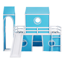 Twin Size Bunk Bed with Slide Blue Tent and Tower - Blue  - £363.93 GBP