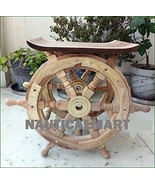 Nauticalmart 18&quot; Decorative Natural Wooden Brass Ship Wheel Table  - £148.83 GBP