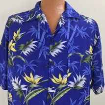 Pacific Aloha Hawaiian XL Shirt Blue Bamboo Bird Of Paradise Palm Leaves - £28.86 GBP