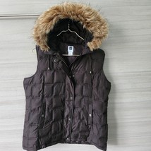 Gap Brown Quilted Puffer Zip Vest Removable Faux Fur Hoodie Vintage Womens Sz L - £29.49 GBP