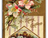 Flowers Holly Cabin Scene Merry Christmas Embossed DB Postcard W7 - £3.11 GBP