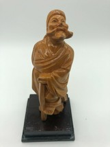 Vintage Asian Carved Figurine Statue Man Walking Stick Wood Base 4&quot; - $24.00