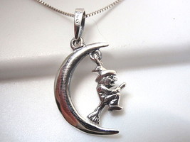 Witch on Broomstick in Crescent Moon Pendant 925 Sterling Halloween Decorations - £19.41 GBP