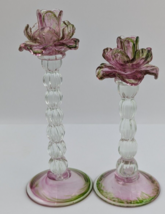 Art Glass Venetian Floriform Flower Candlestick Holder Pair Pink Green 10"&12" image 4